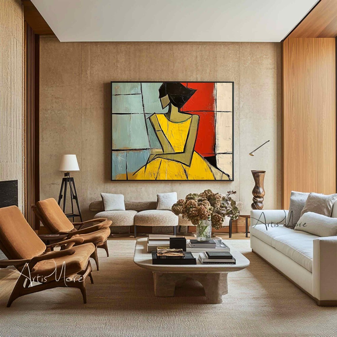 Cubist Woman Yellow Dress Abstract Seated Figure Canvas Art Poster - Image 4
