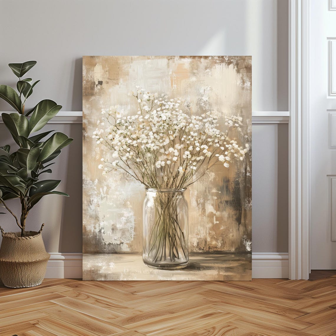 Neutral Babys Breath Flowers in Glass Jar Rustic Floral Poster - Image 3