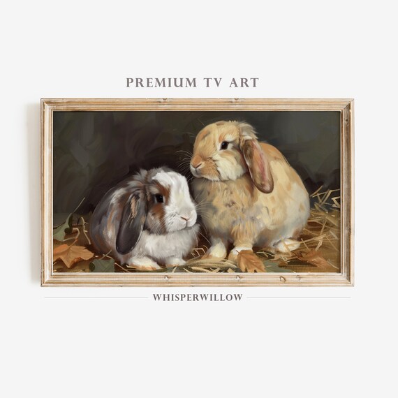 Two Lop Eared Bunnies Snuggling in Straw Spring Animal Poster