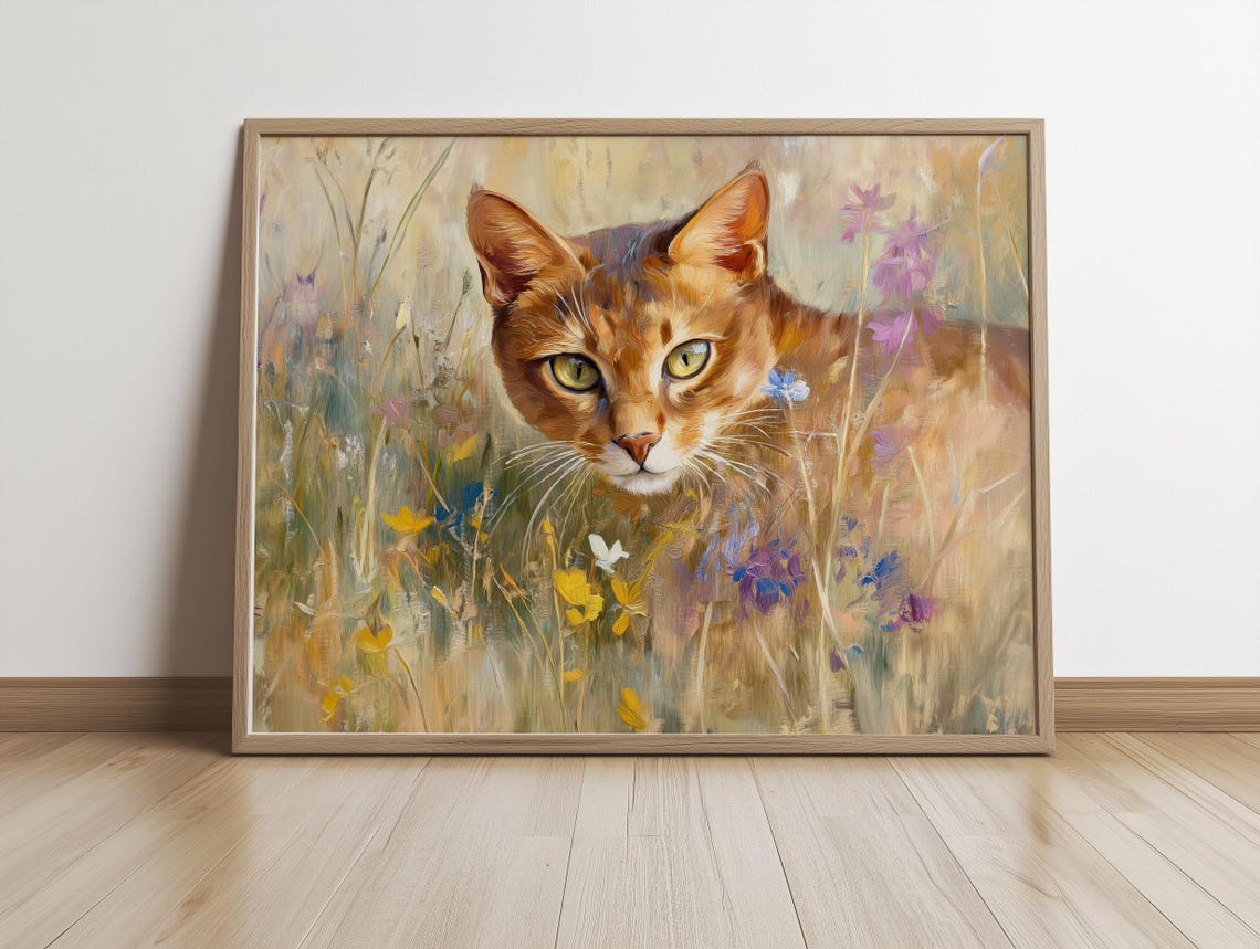 Abyssinian Cat Wildflower Meadow Golden Eyes Portrait Painting Poster - Image 3