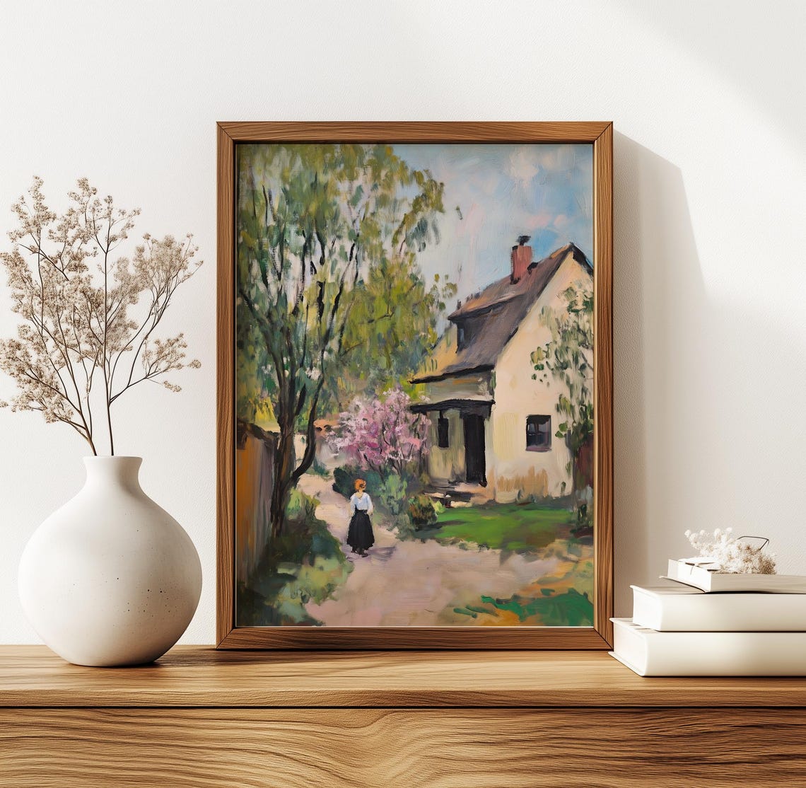 Rustic Cottage Path Woman Walking Blooming Spring Countryside Poster - Image 4