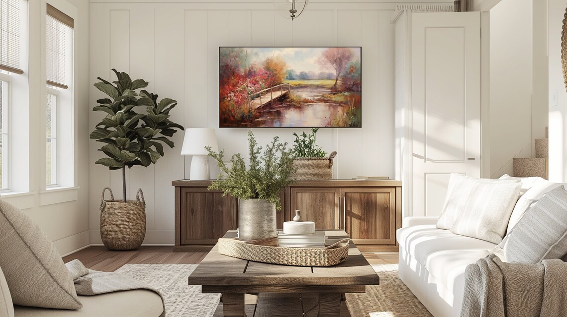 Romantic Wooden Footbridge Flowering Stream Antique Nature Poster - Image 5