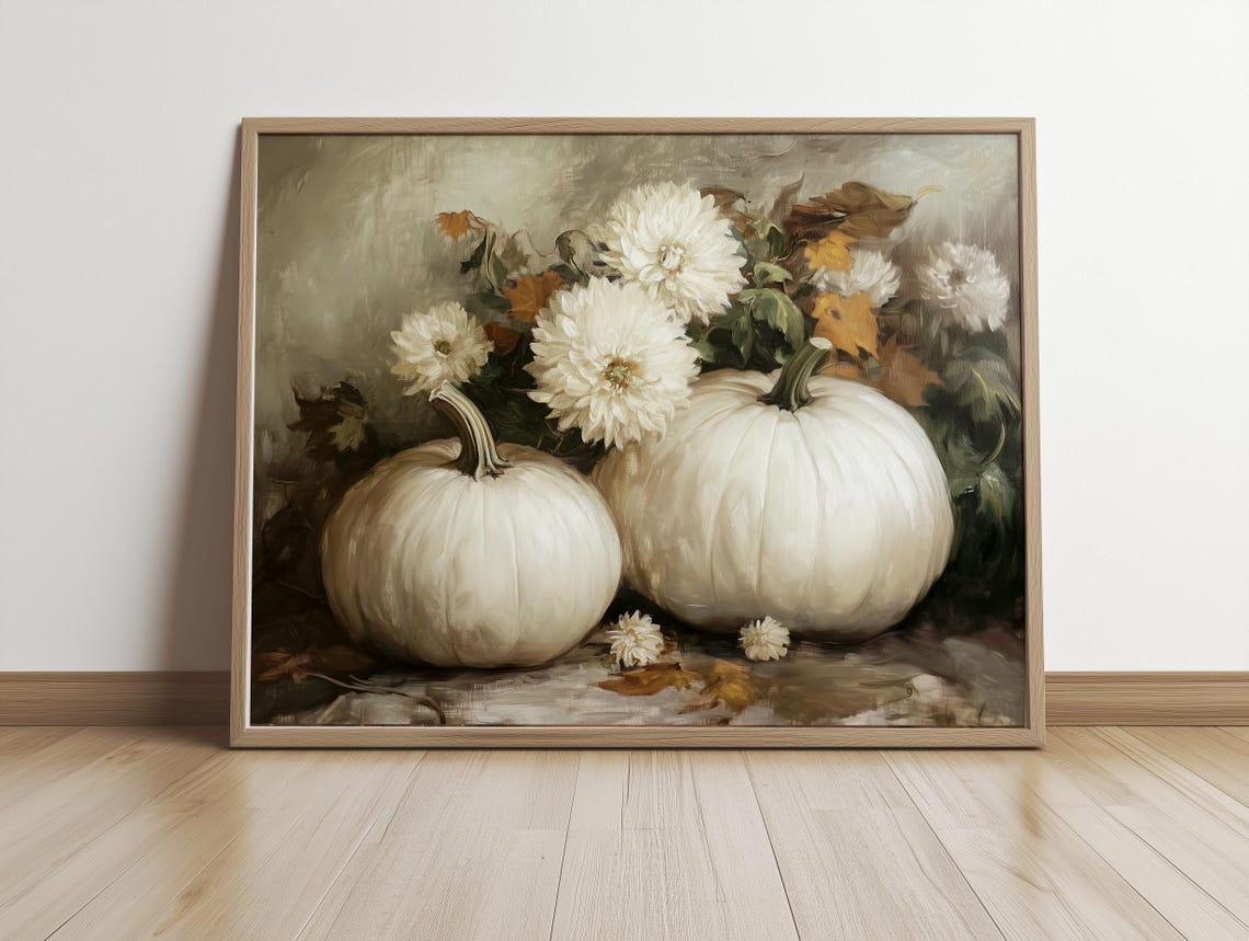 White Pumpkins with Chrysanthemums Autumn Still Life Art Poster - Image 4
