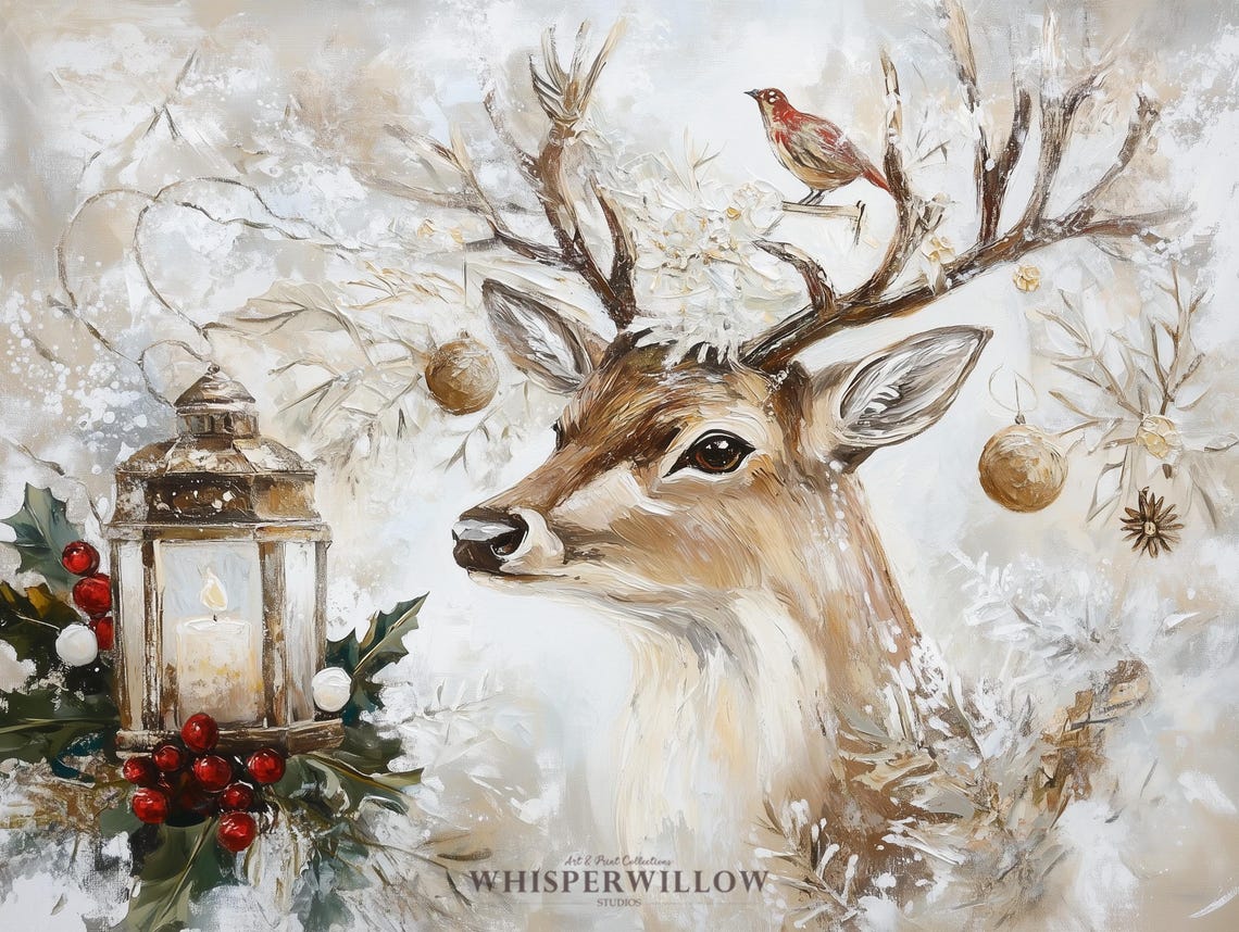 Christmas Deer Portrait with Lantern Holly and Bird Snow Poster - Image 6