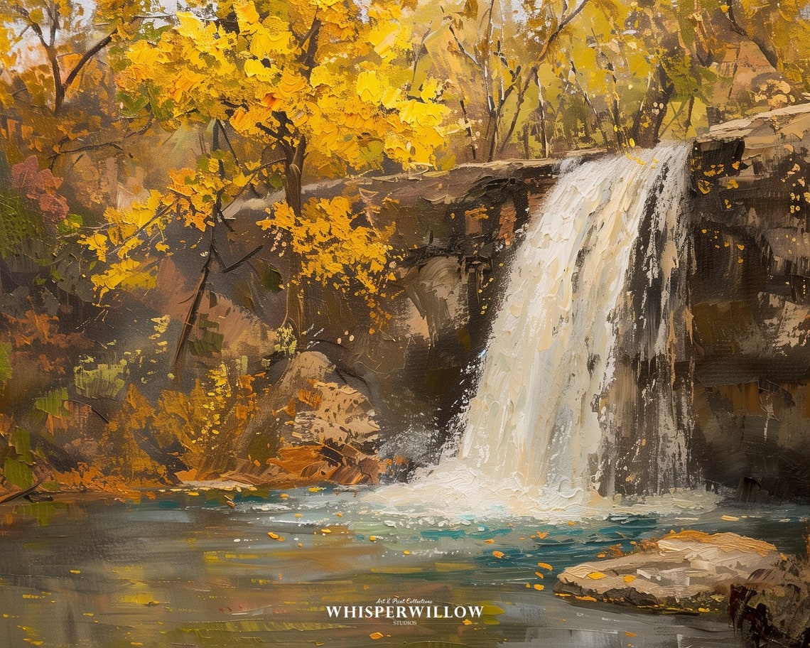 Autumn Waterfall Golden Fall Foliage Impasto Forest Landscape Poster - Image 6