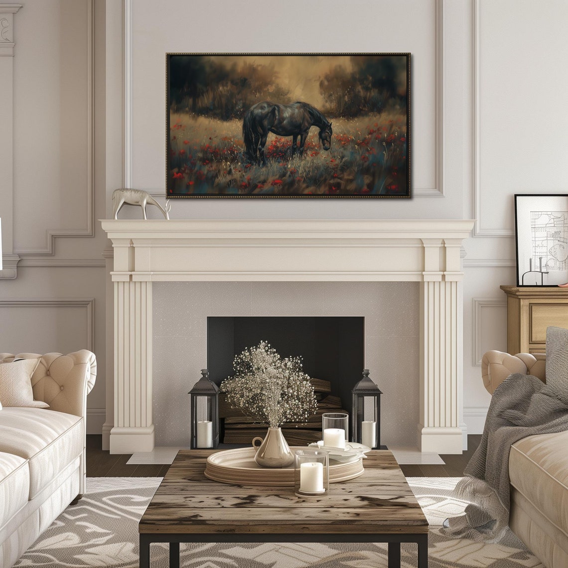 Black Horse in Red Poppy Field Dramatic Moody Equestrian Poster - Image 4