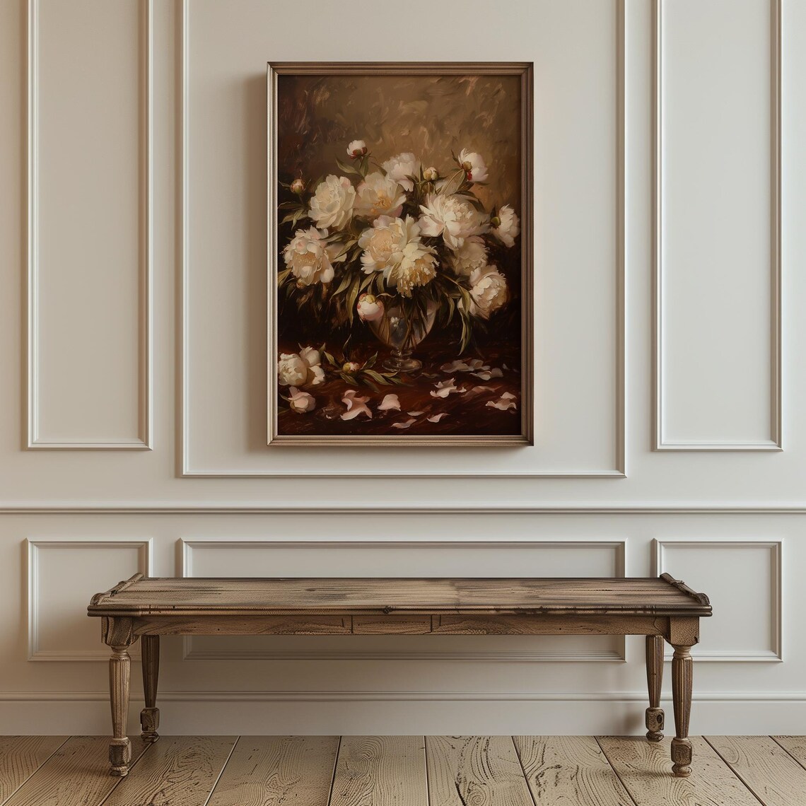 White Peonies In Glass Vase Dark Elegant Floral Still Life Poster - Image 3