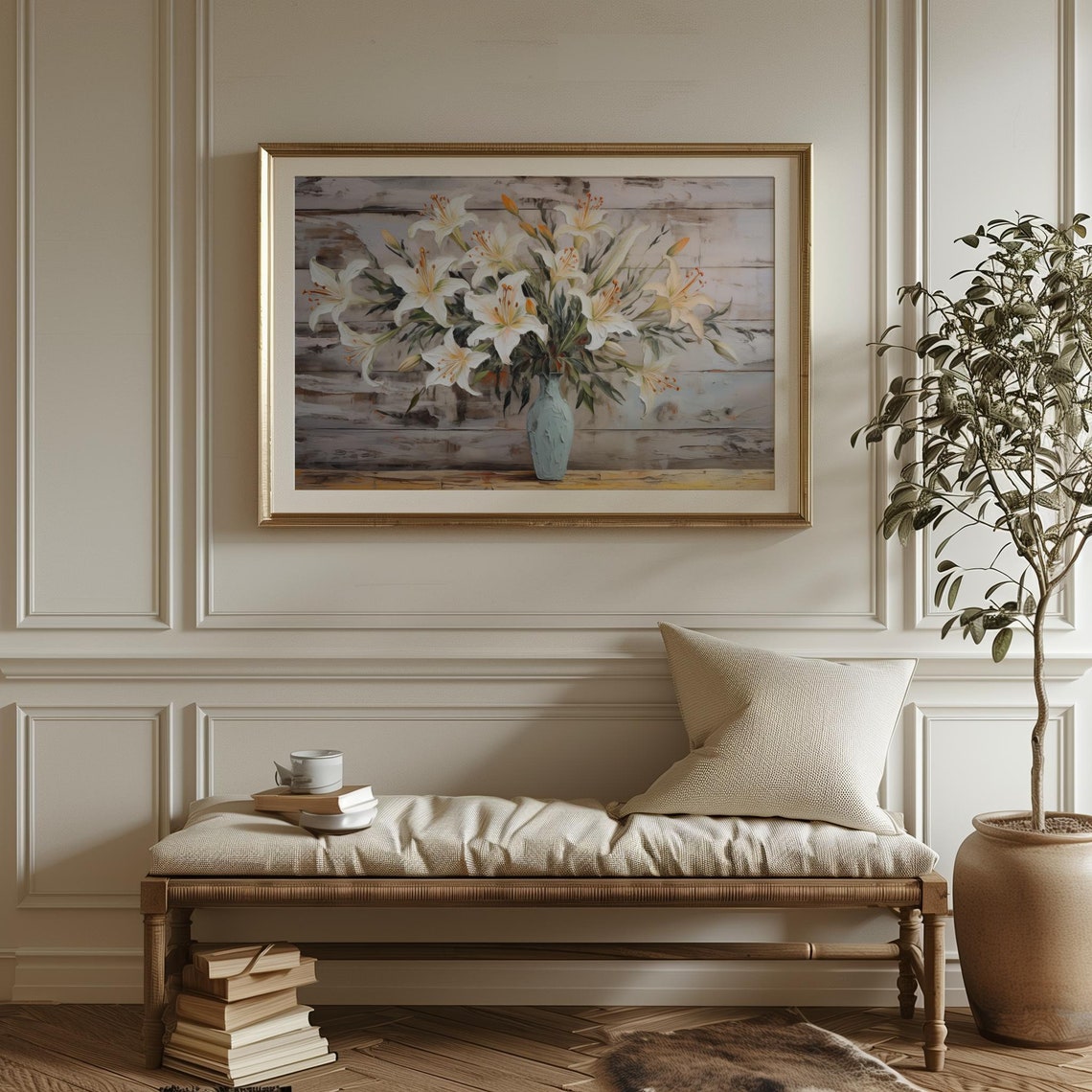 White Easter Lilies Blue Vase Rustic Weathered Wood Floral Poster - Image 2
