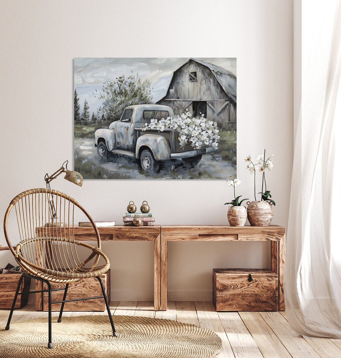 Vintage Farm Truck with Flowers Gray Tones Painting Scenic Poster - Image 2