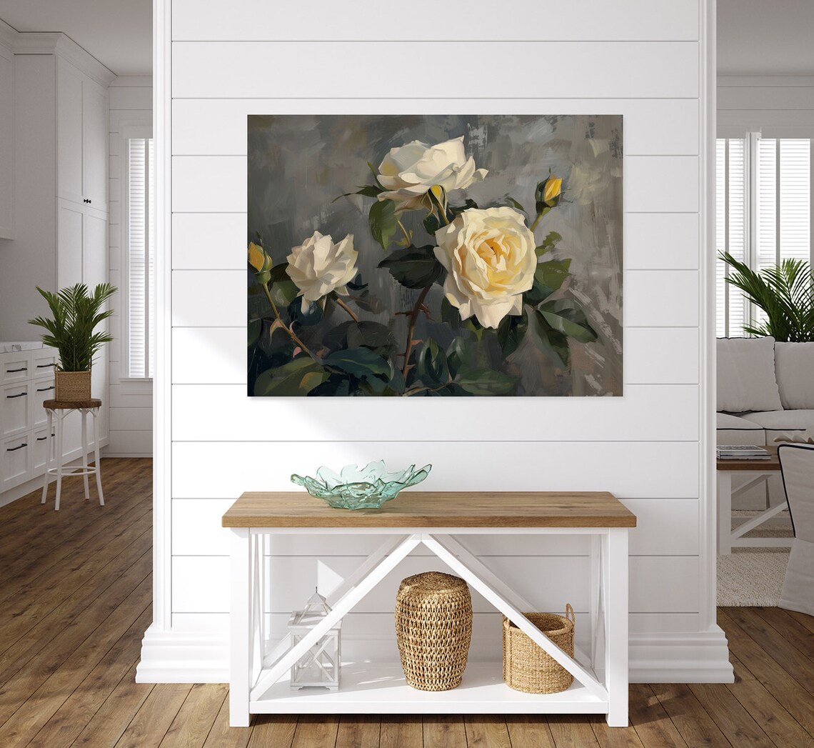 White Roses On Dark Gray Elegant Vintage Floral Oil Painting Poster - Image 5