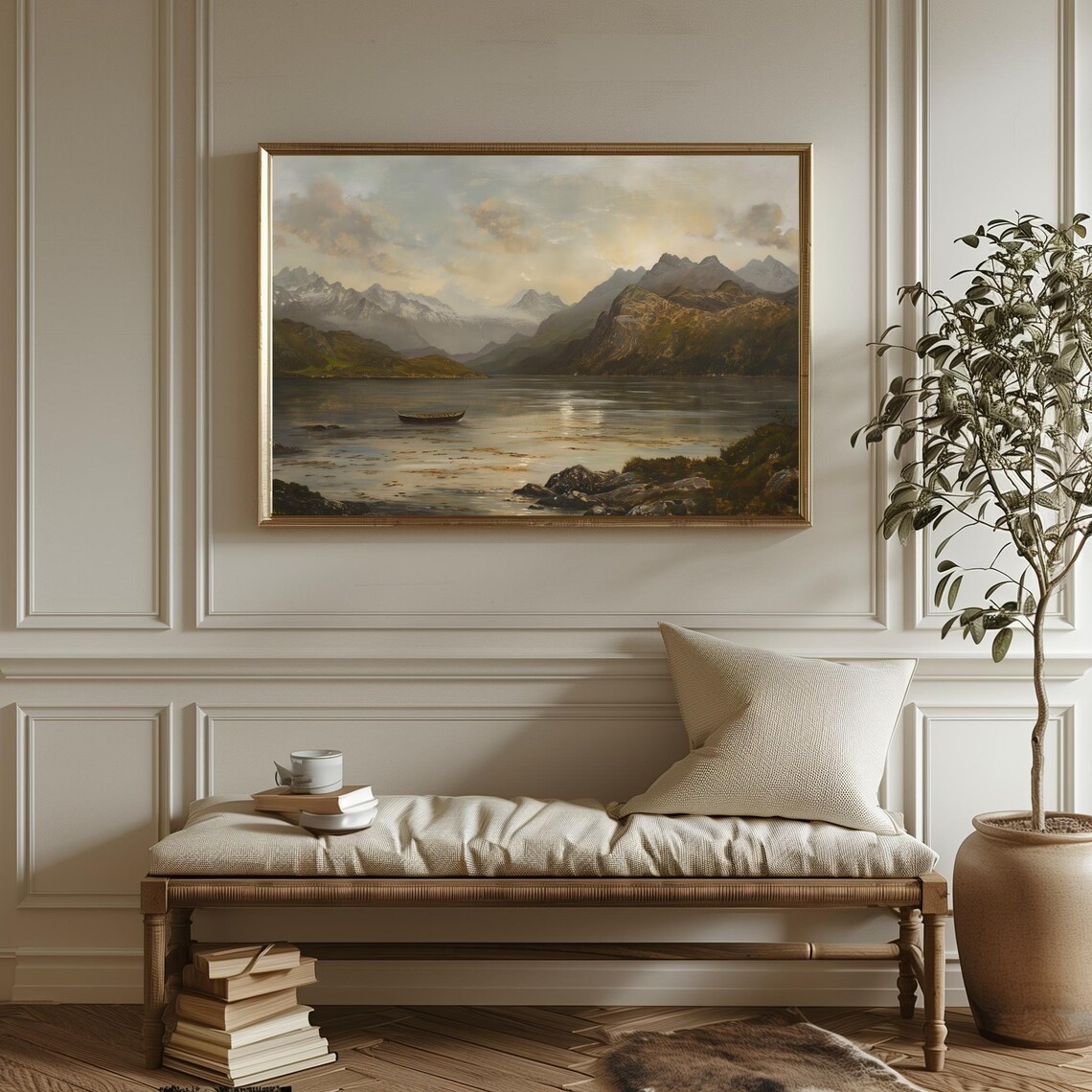 Fjord Lake Majestic Mountains Vintage Painting Lone Boat Poster - Image 3