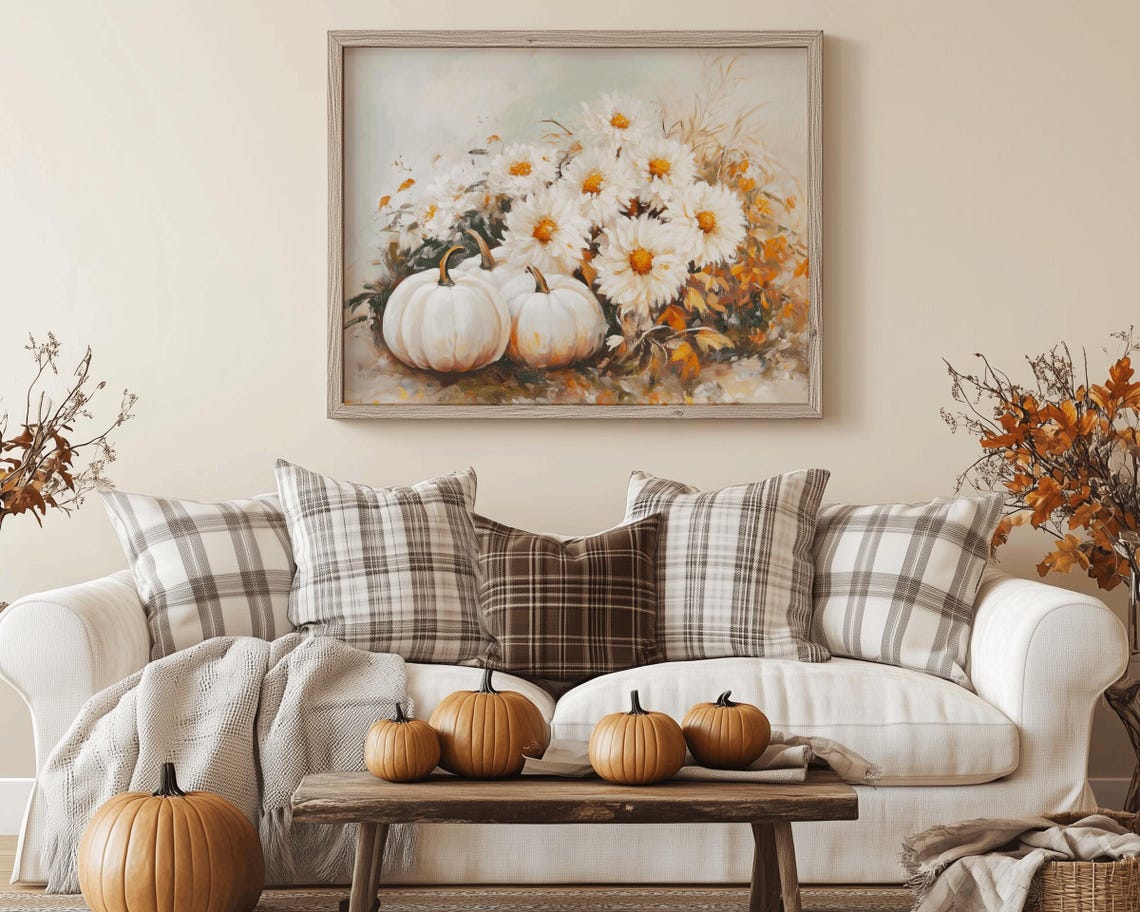White Pumpkins and Daisies Autumn Bouquet Vintage Style Poster - Image 5