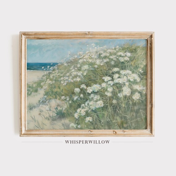 White Wildflowers On Coastal Sand Dunes Breezy Seascape Art Poster