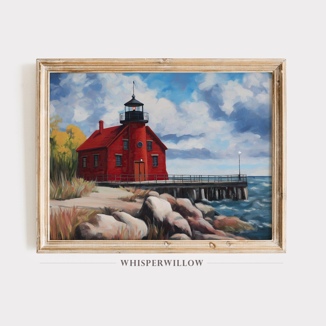 Red Lighthouse Coastal Landscape Painting Rocky Seashore Waves Poster