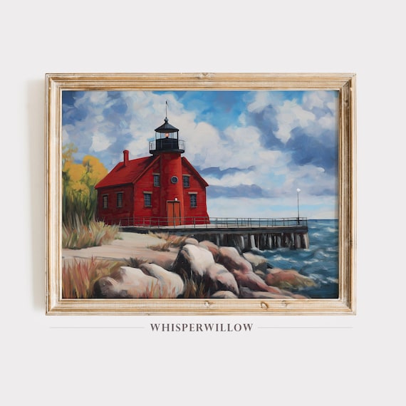 Red Lighthouse Coastal Landscape Painting Rocky Seashore Waves Poster