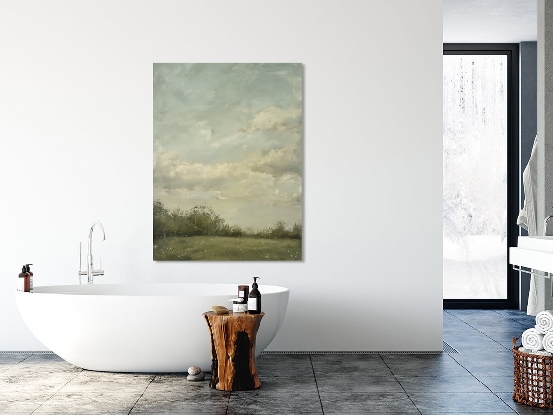 Overcast Sky Over Green Field Minimalist Cloudscape Art Poster - Image 4