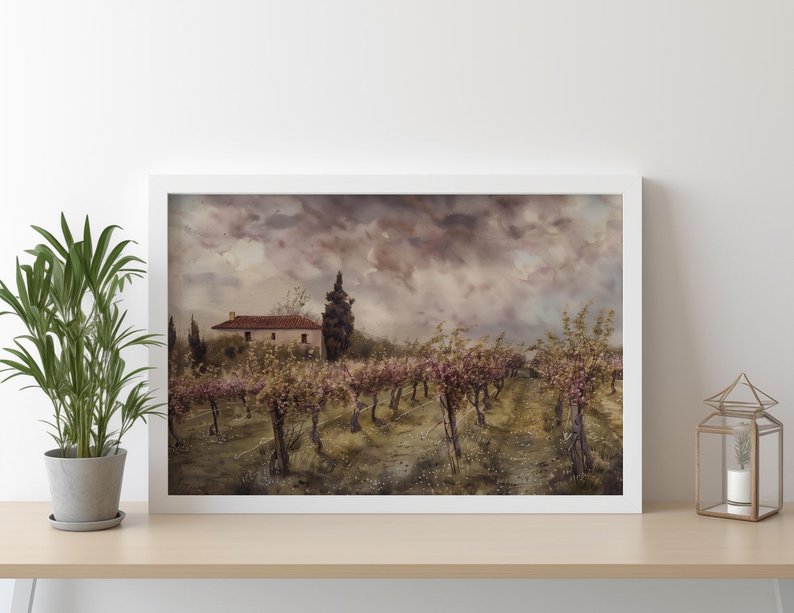 Rustic Italian Farmhouse with Vineyard Under a Stormy Sky Poster - Image 3