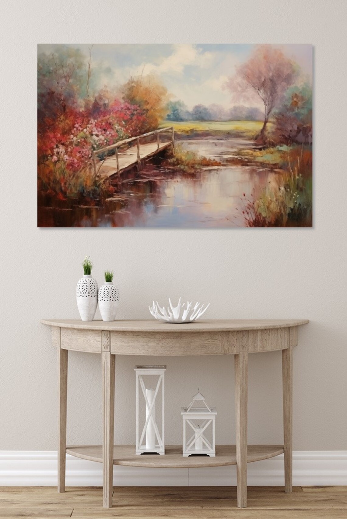 Wooden Footbridge Over Reflecting Pond Autumn Garden Vintage Poster - Image 2