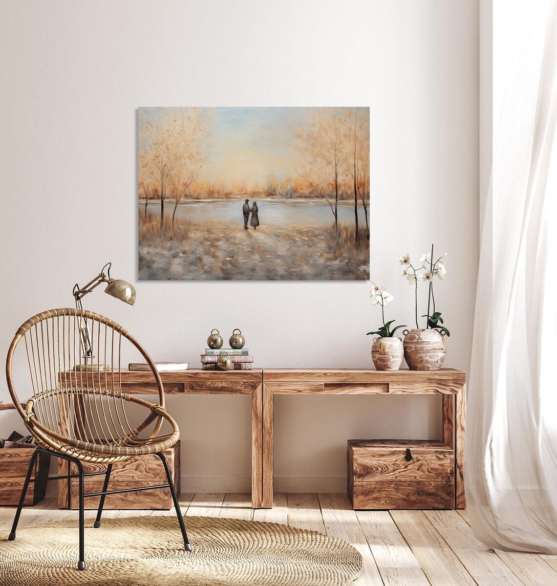 Couple Walking Beside a Calm Lake at Golden Autumn Dusk Poster - Image 2