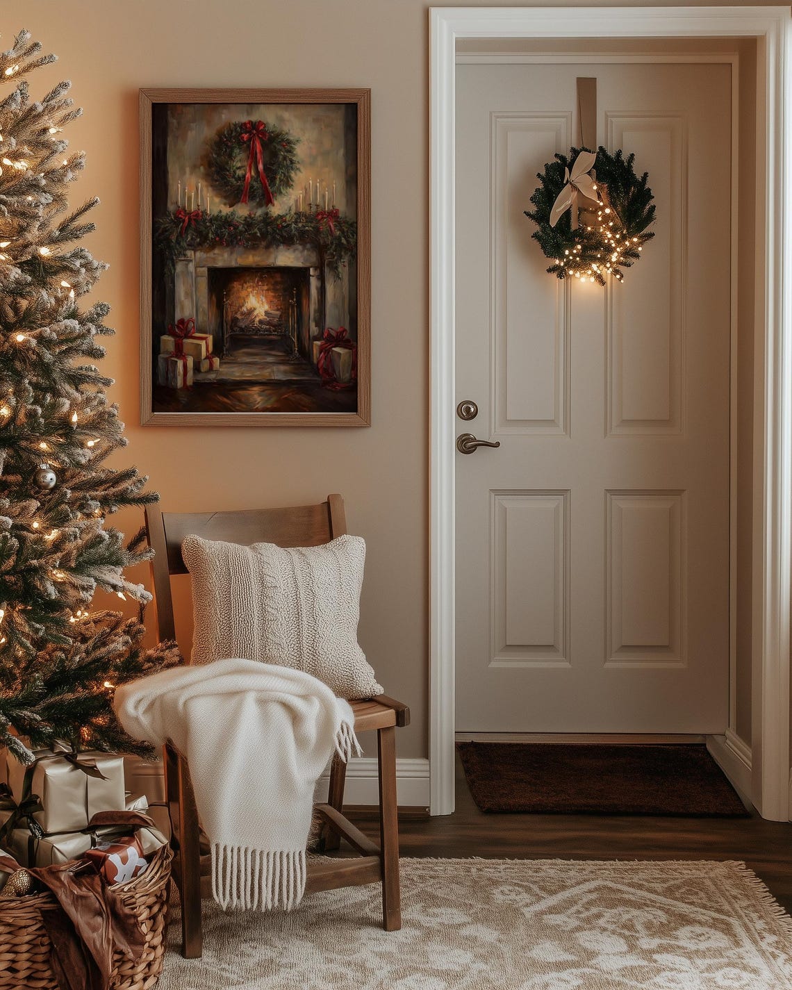 Cozy Christmas Fireplace with Wreath Garland and Gifts Poster - Image 3
