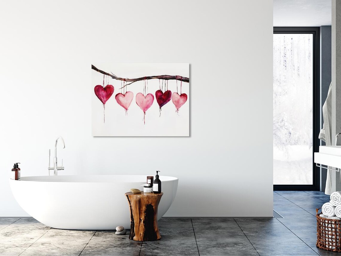 Pink and Red Watercolor Heart Balloons Hanging on Branch Poster - Image 4