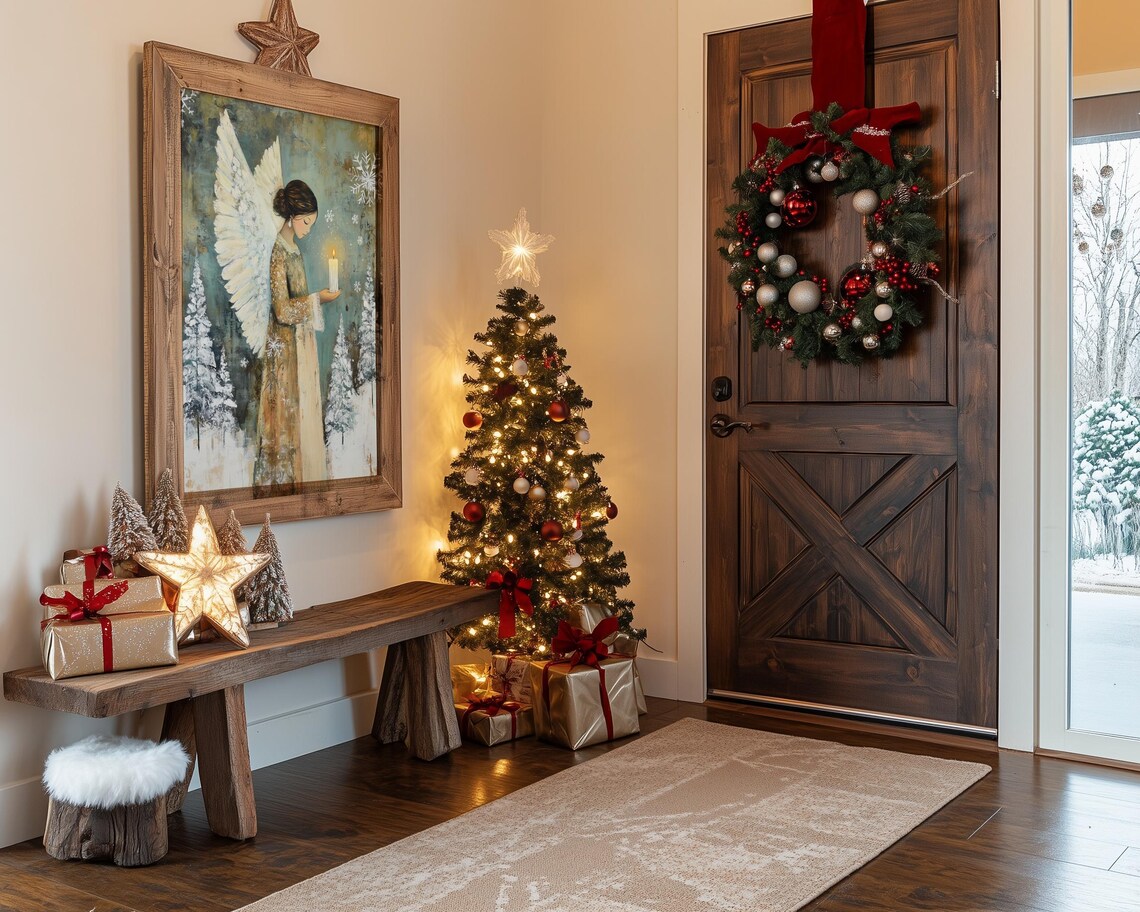 Winter Holiday Angel Candle Snowy Pines Snowflakes Peaceful Wall Art - Image 2