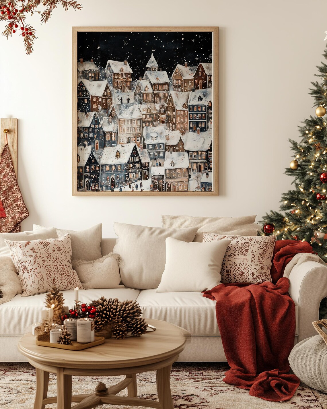Charming Snowy Village Starry Night Christmas Town Scene Wall Art - Image 2