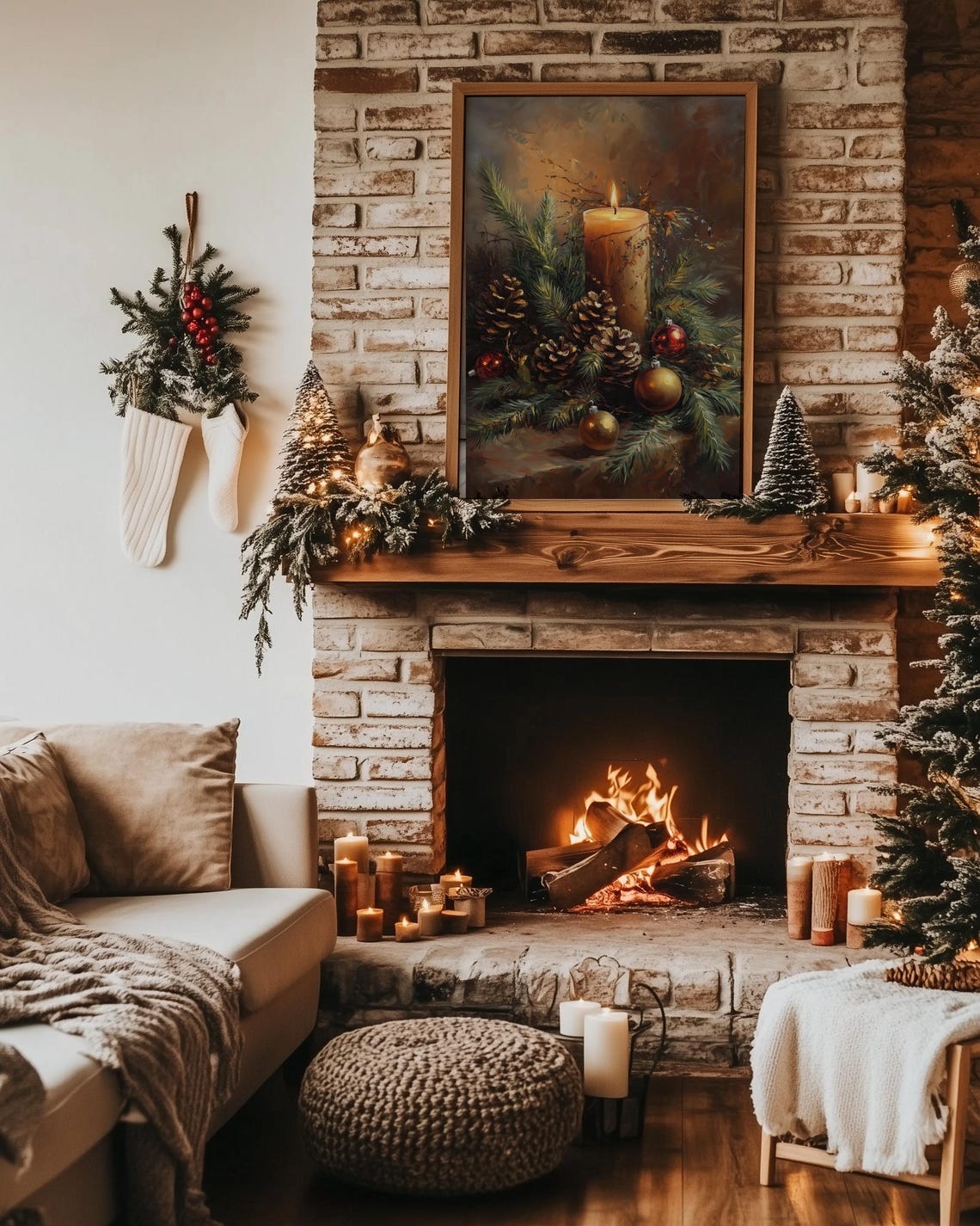 Glowing Christmas Candle with Pinecones Ornaments Still Life Poster - Image 4