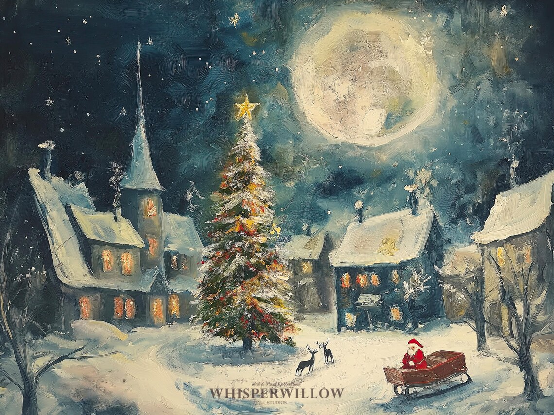 Magical Christmas Village Santa Sleigh Full Moon Snowy Night Poster - Image 6