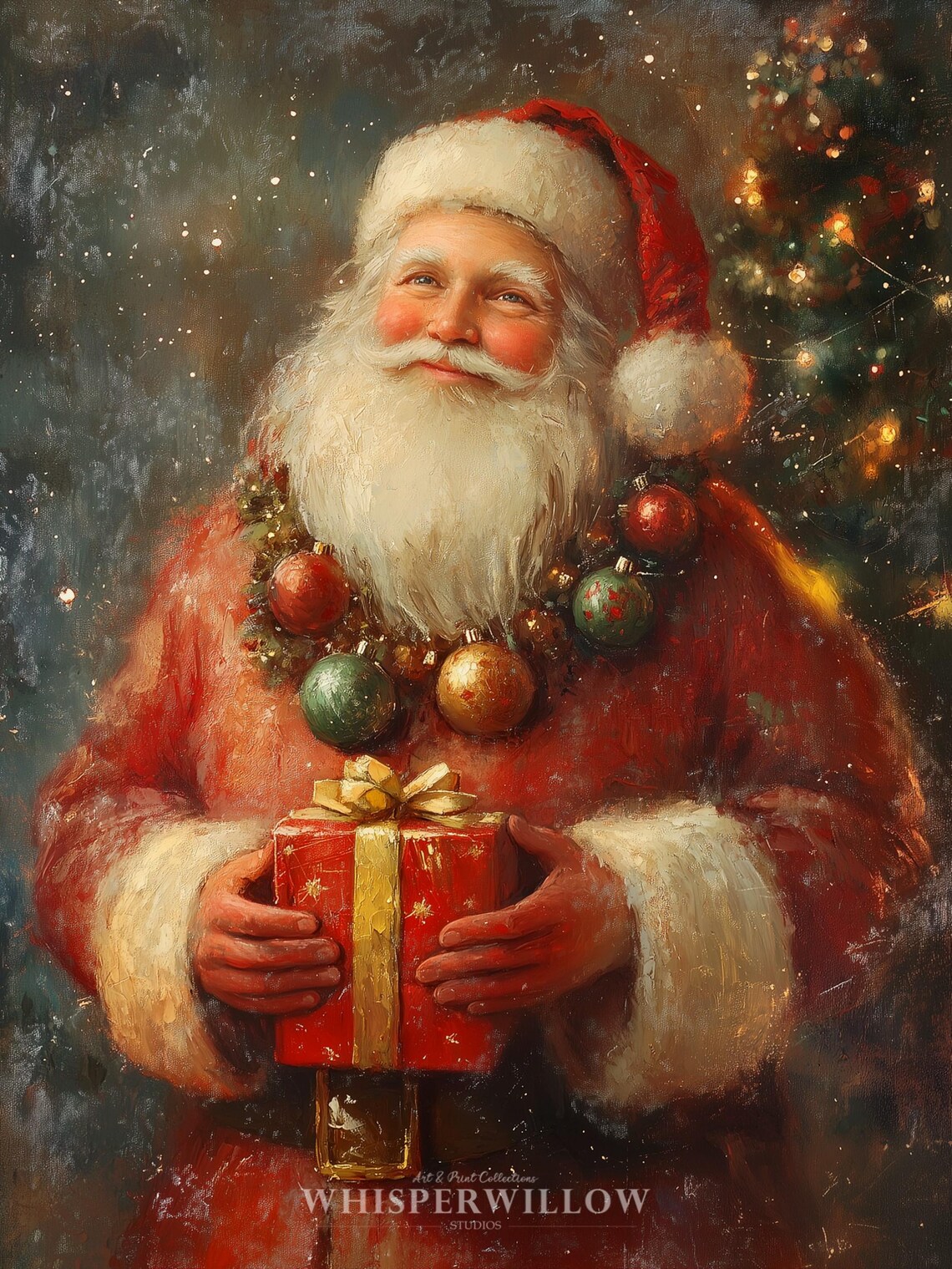 Jolly Santa Claus Holding Gift Vintage Style Christmas Painting Poster - Image 6