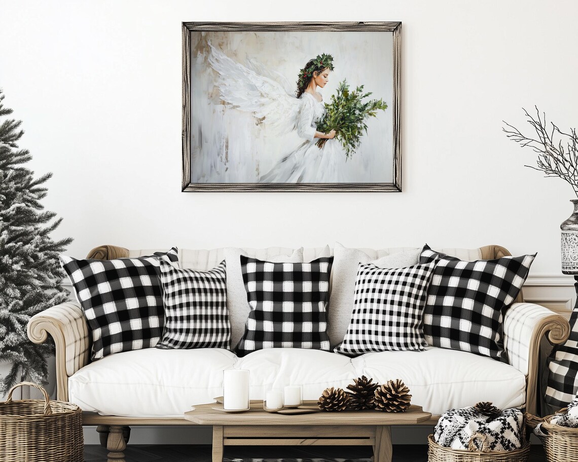 Christmas Angel in White Gown Carrying Greenery Painting Poster - Image 3