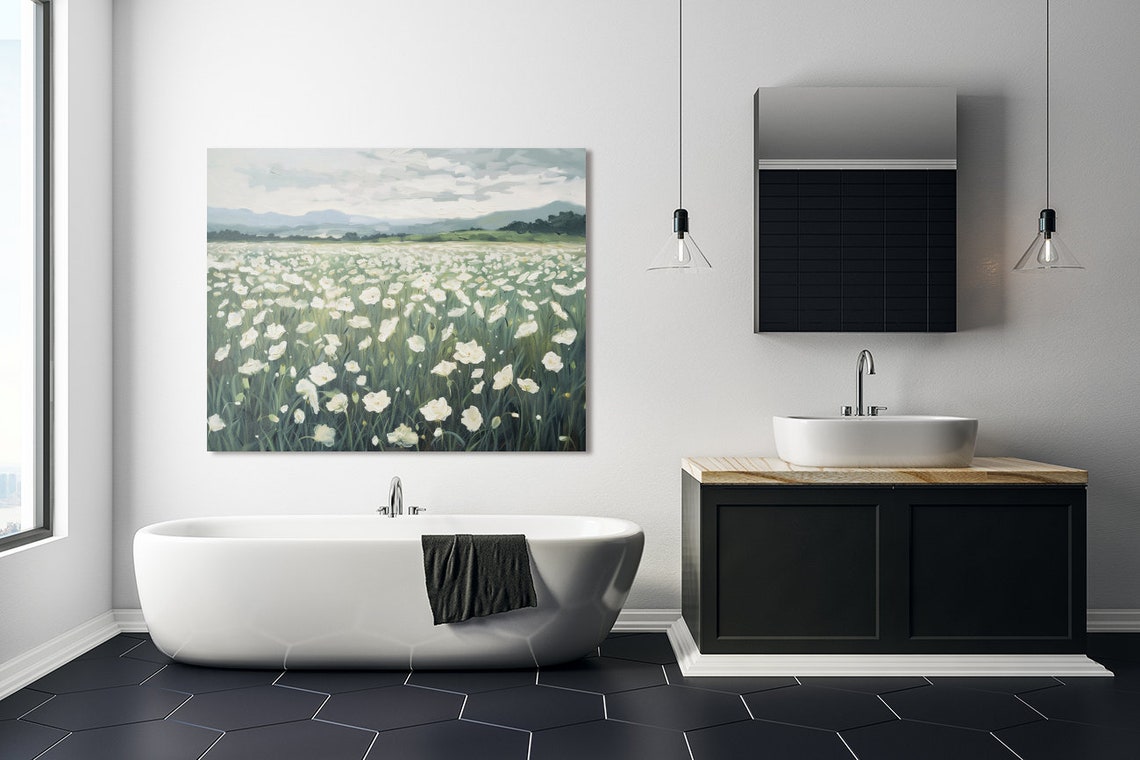 White Poppy Meadow With Distant Mountains Serene Landscape Poster - Image 4