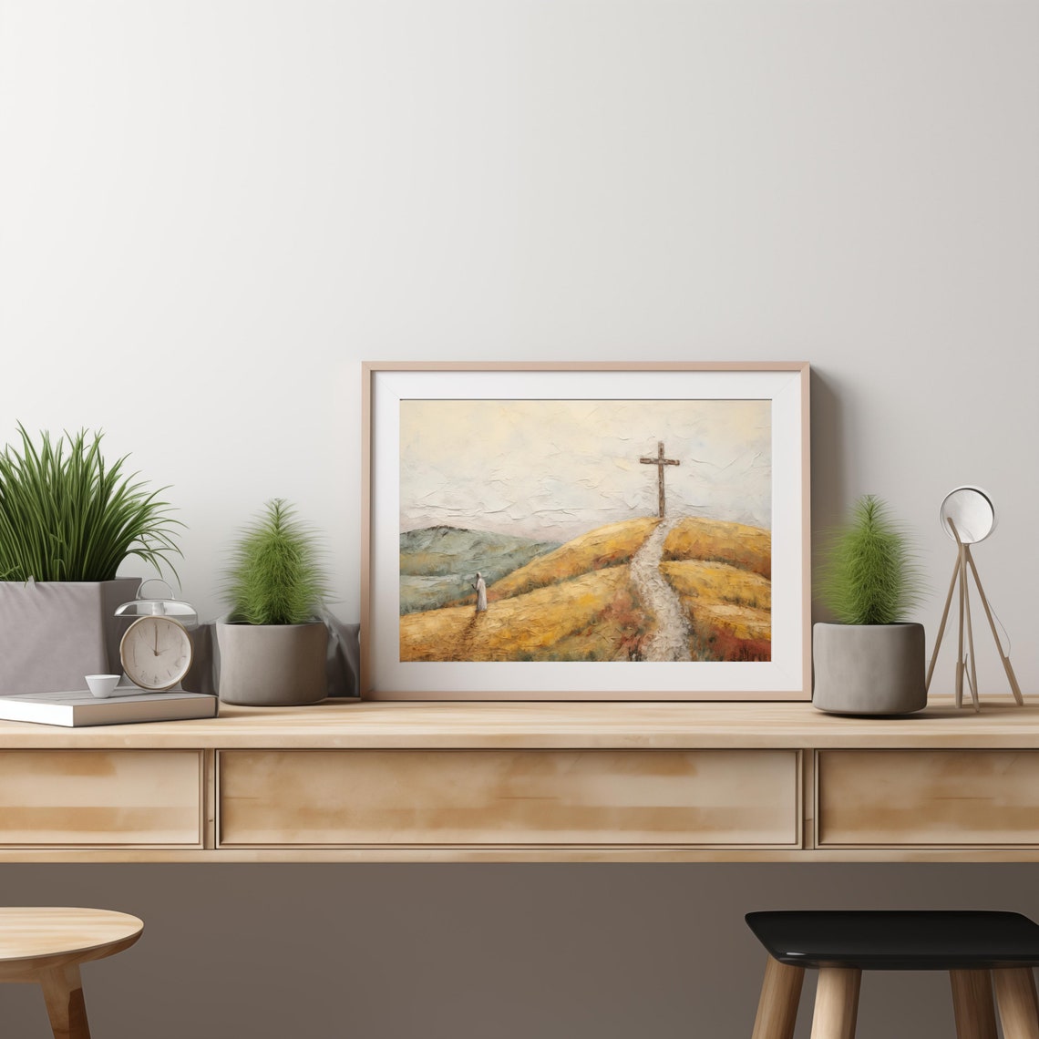 Cross on Golden Hill Christian Faith Walk Prayer Path Art Poster - Image 2
