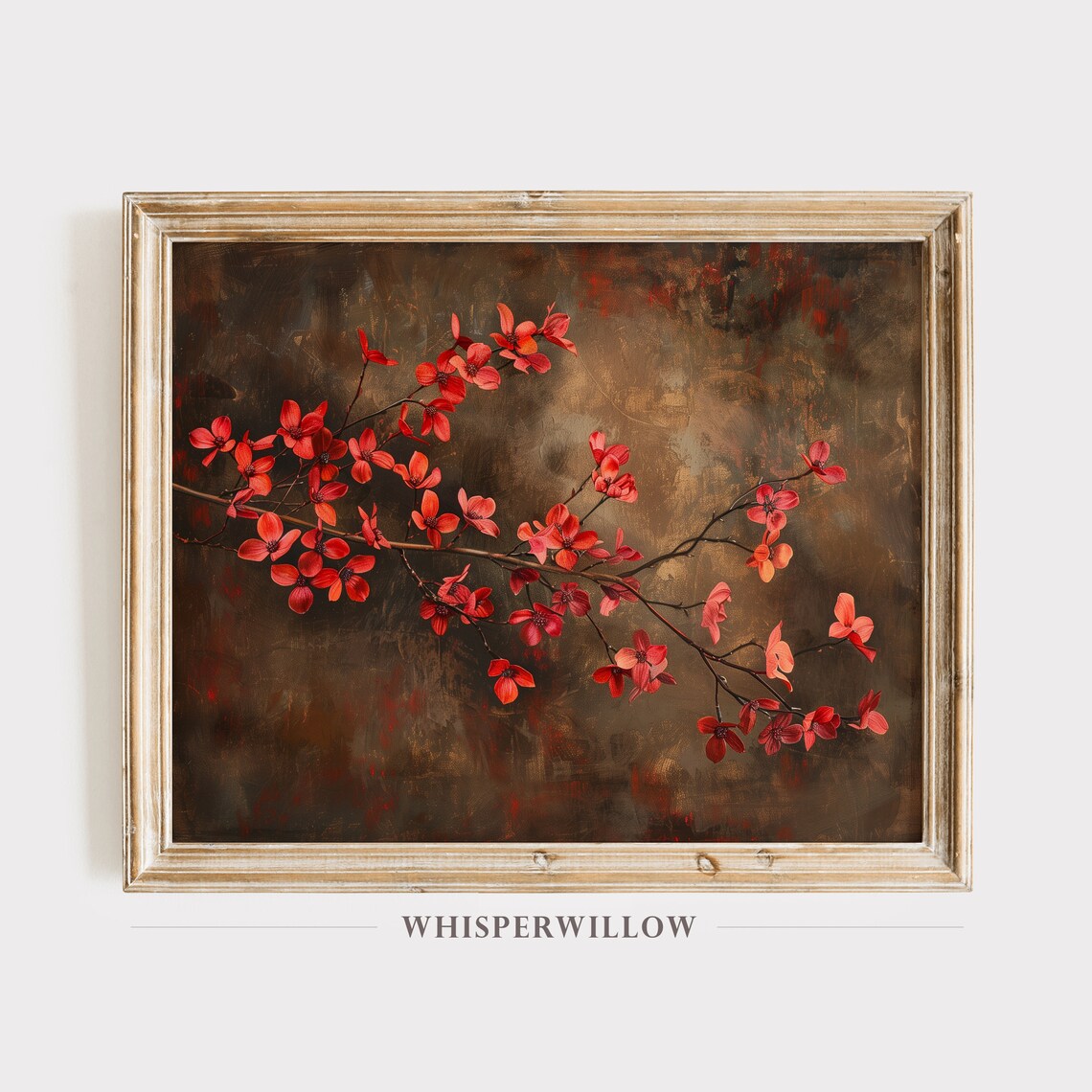 Scarlet Red Dogwood Blossoms Dark Moody Botanical Painting Poster