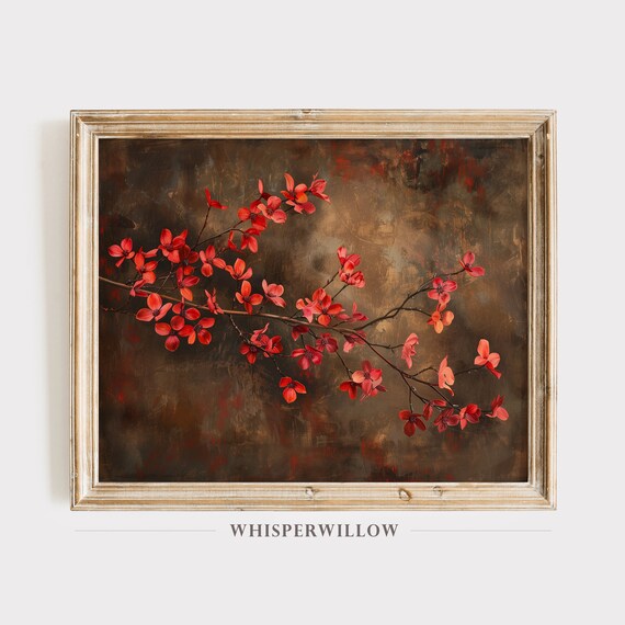 Scarlet Red Dogwood Blossoms Dark Moody Botanical Painting Poster