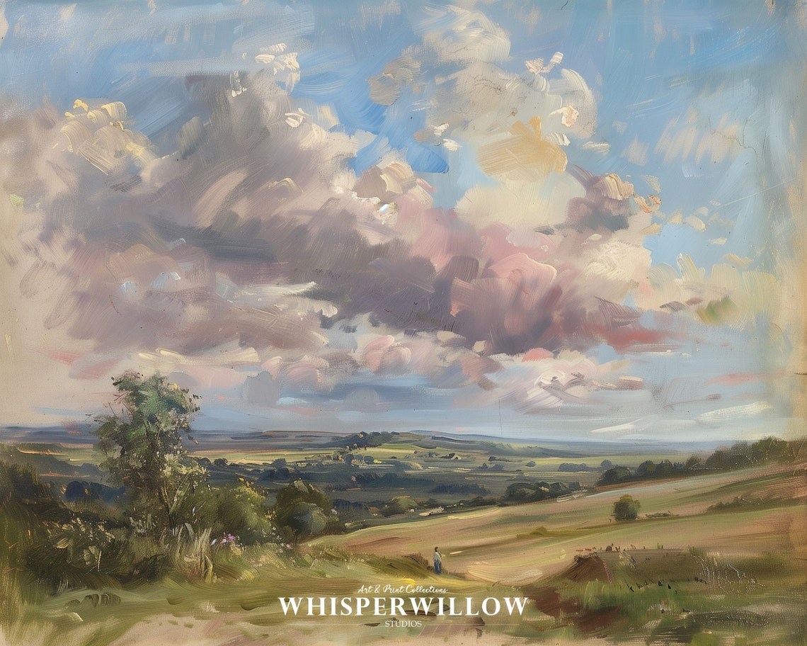 Rolling Hills Peaceful Country Reflections Painting Antique Rustic Farmhouse Wall Decor Impressive Sky Art - Image 6