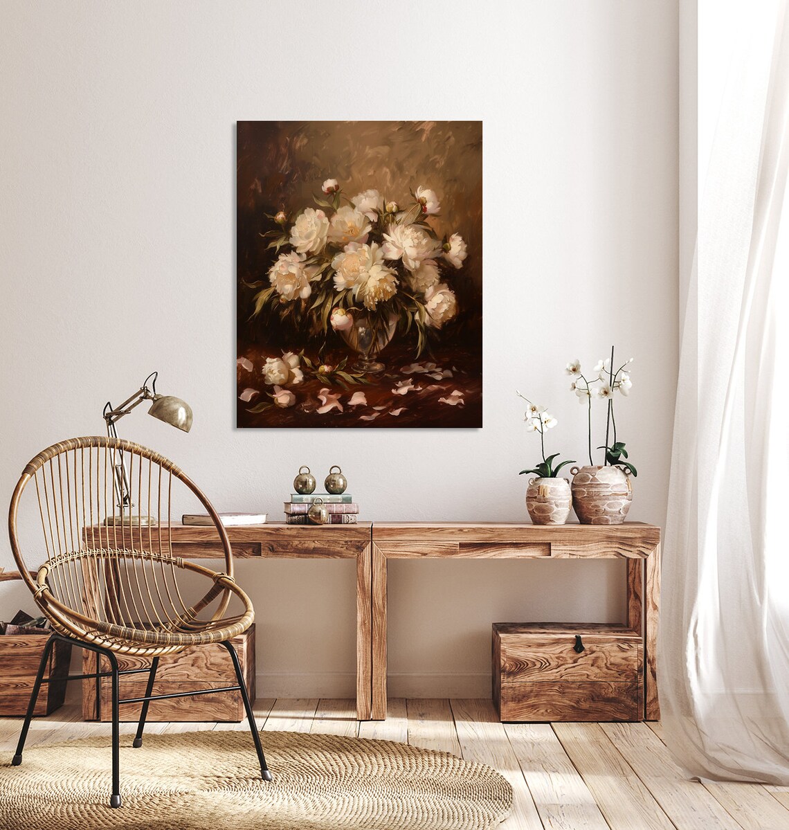White Peonies In Glass Vase Dark Elegant Floral Still Life Poster - Image 5