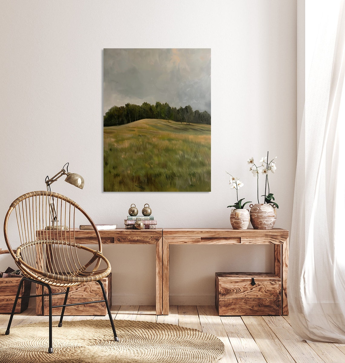 Tree Line Grassy Landscape Muted Colors Antique Country Poster - Image 3