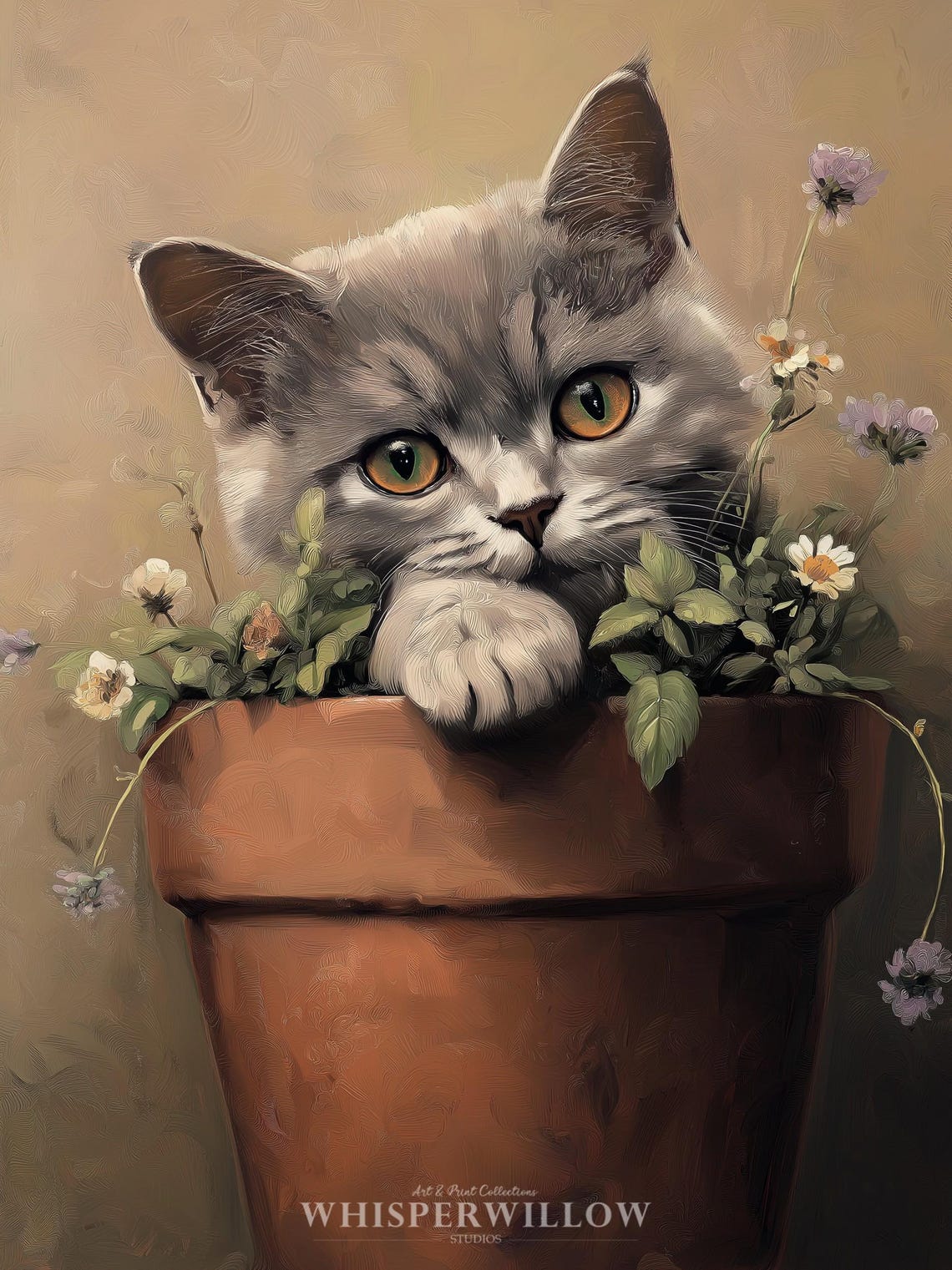 Gray Kitten Peeking Out of a Flower Pot Cute Painting Poster - Image 6