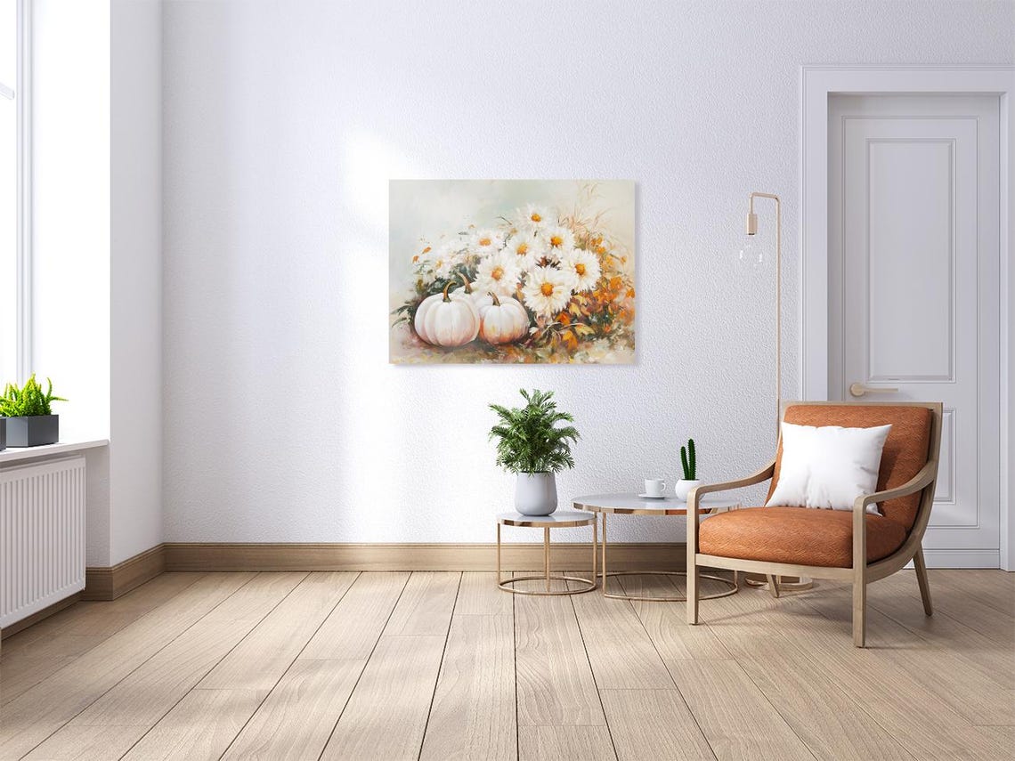 White Pumpkins and Daisies Autumn Bouquet Vintage Style Poster - Image 2