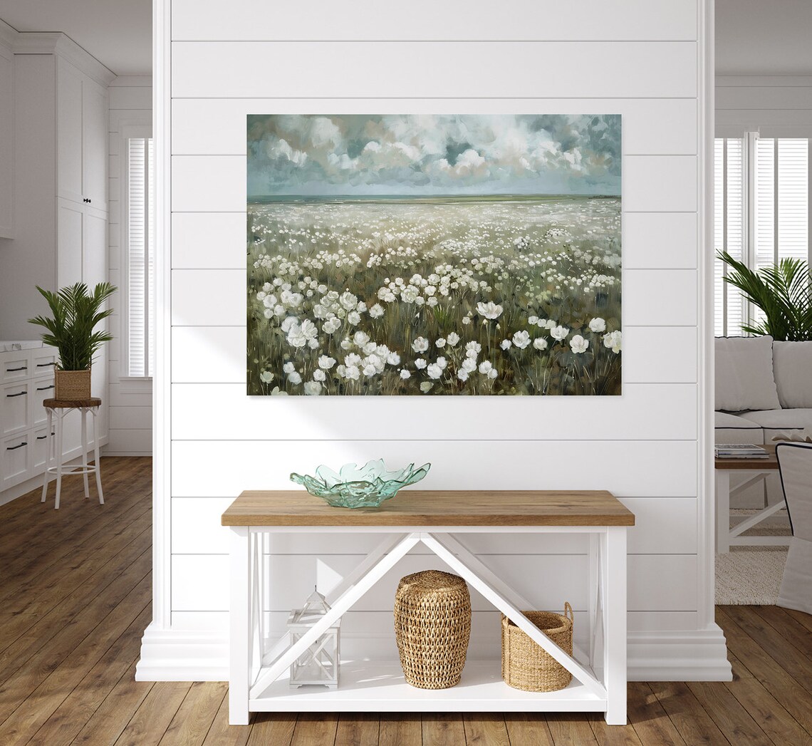 White Wildflowers Field Painting Cloudy Sky Scenic Floral Poster - Image 4
