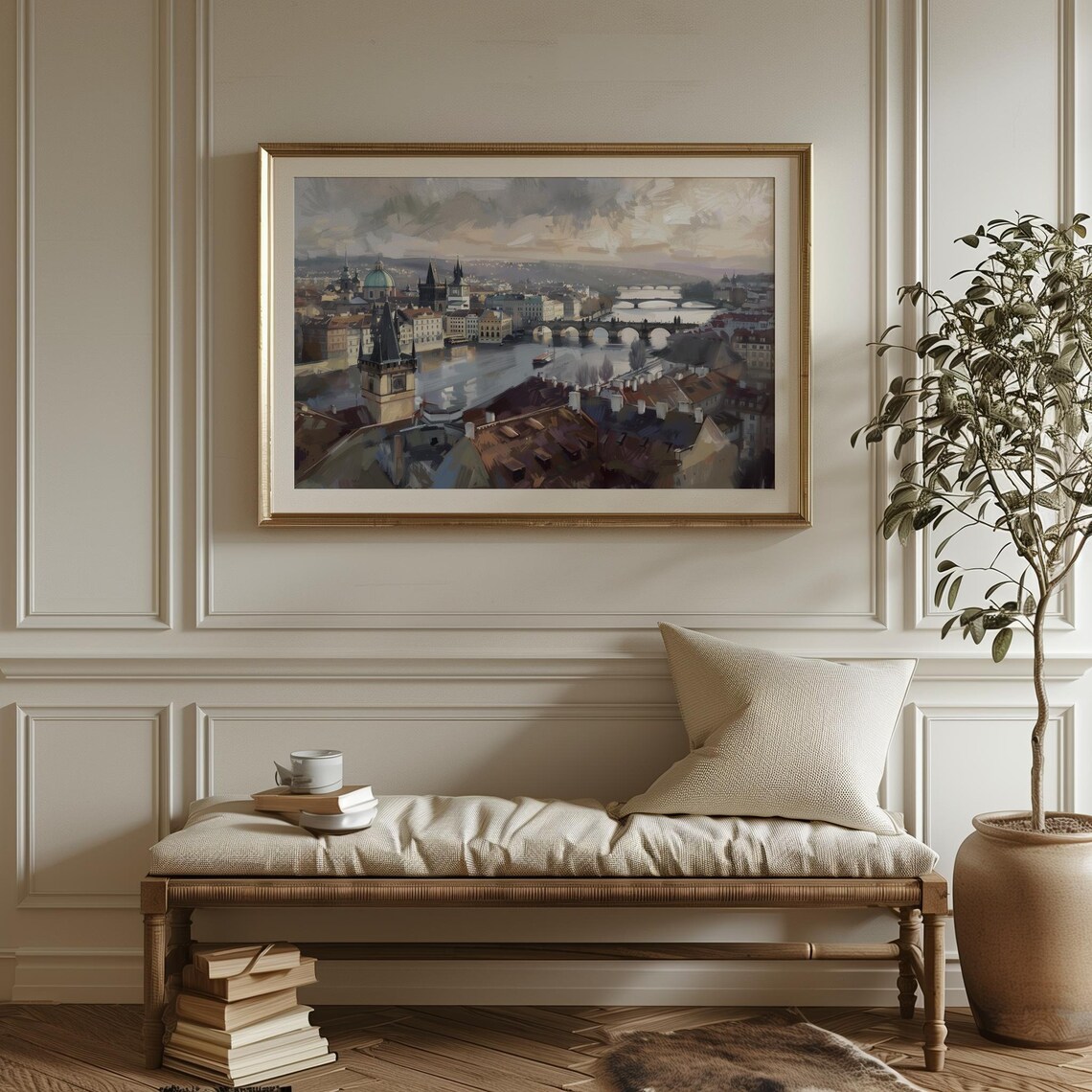 European Cityscape with River Bridges Spires Vintage Painting Poster - Image 5