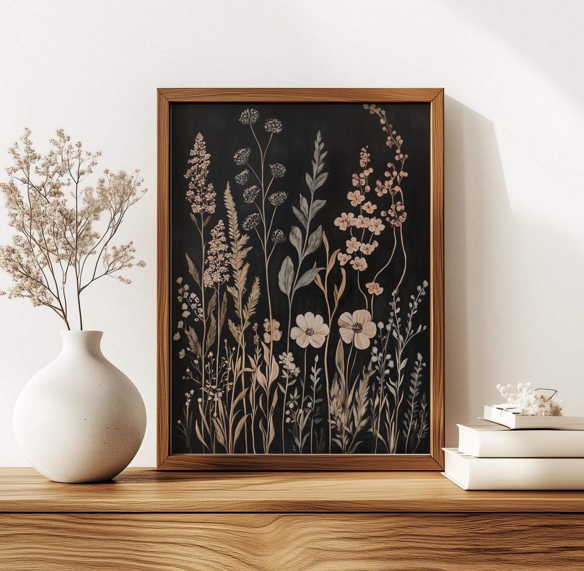 Neutral Wildflower Botanical Black Background Beige Blooms Print - Image 3