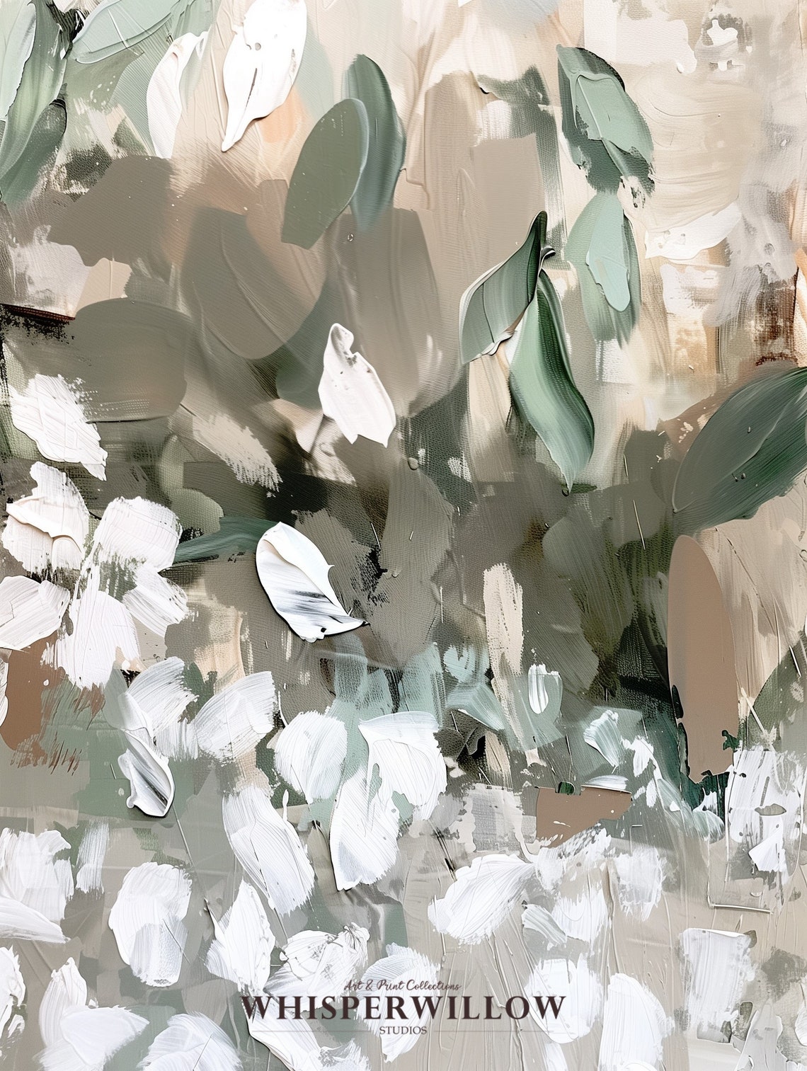 Abstract White Blossoms In Sage And Beige Modern Floral Art Poster - Image 6