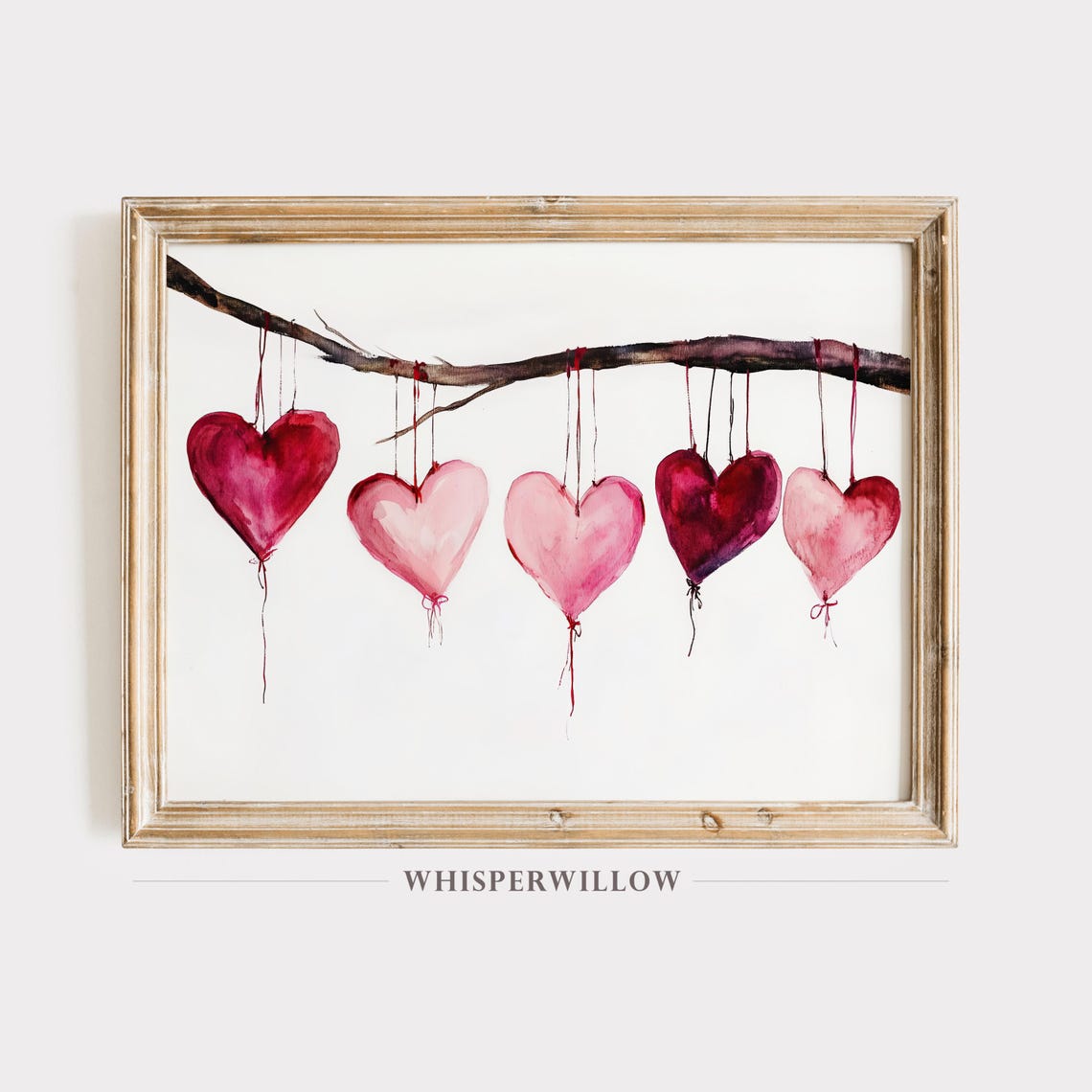Pink and Red Watercolor Heart Balloons Hanging on Branch Poster