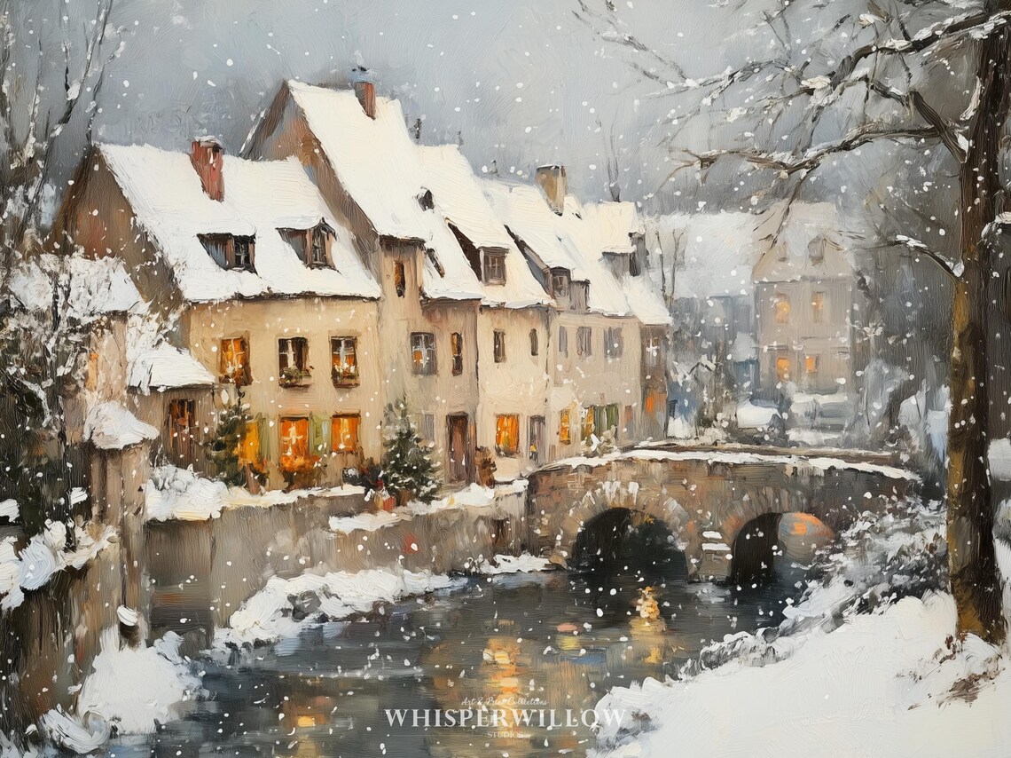 Snowy River Village Stone Bridge Winter Snowfall Rooftops Painting Poster - Image 6