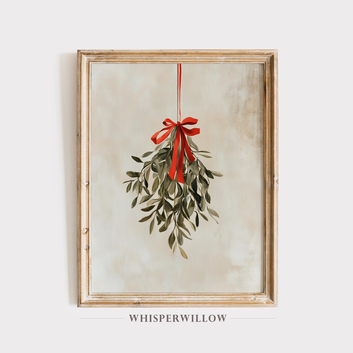 Holiday Mistletoe With Red Ribbon, Christmas Art Print