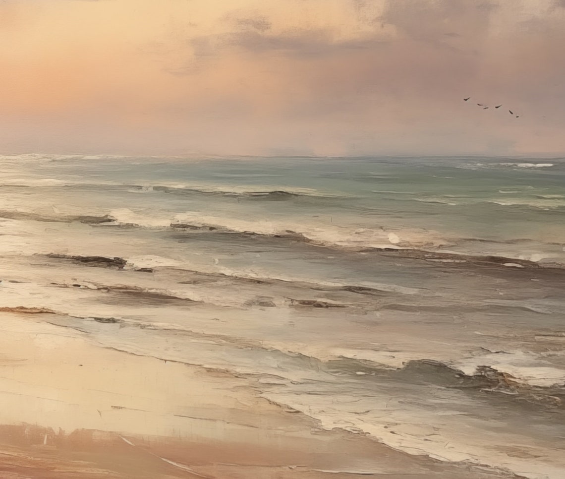 Soft Pastel Beach Sunrise with Gentle Waves and Seagulls Poster - Image 6