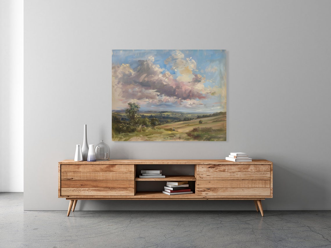 Rolling Hills Peaceful Country Reflections Painting Antique Rustic Farmhouse Wall Decor Impressive Sky Art - Image 2