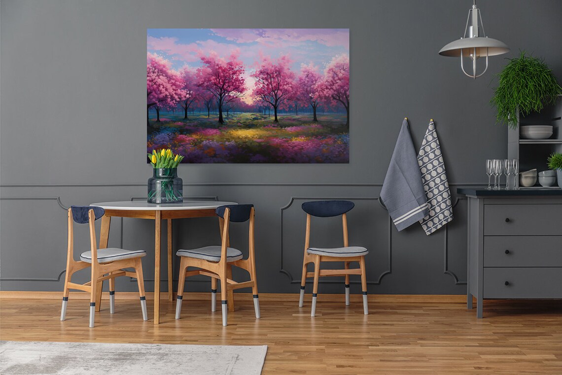 Cherry Blossom Trees Painting, Spring Landscape Art - Image 2